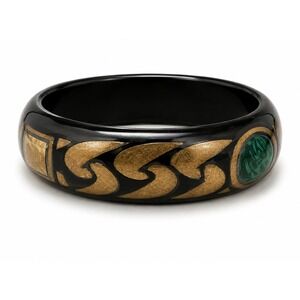 Vintage Hand Painted Wooden Bangle Bracelet Black Floral Folk Art Retro Boho